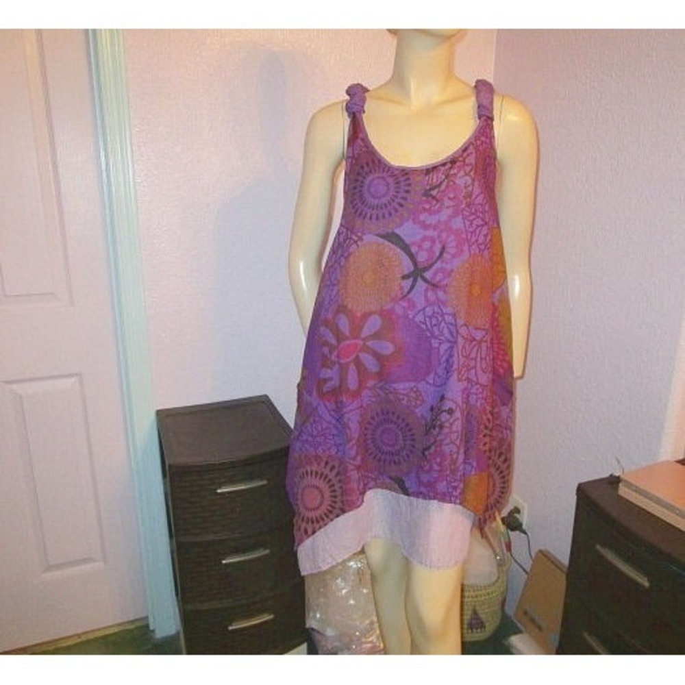 Vtg Highlander Gauze Dress Size L Pockets Asymmetrical Layered Artsy Boho Hippie